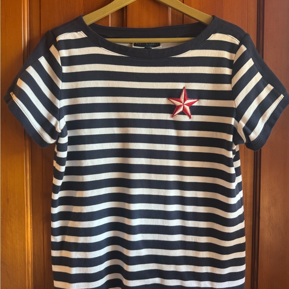 Karen Scott Navy and White Striped Tee with Red Star Accent